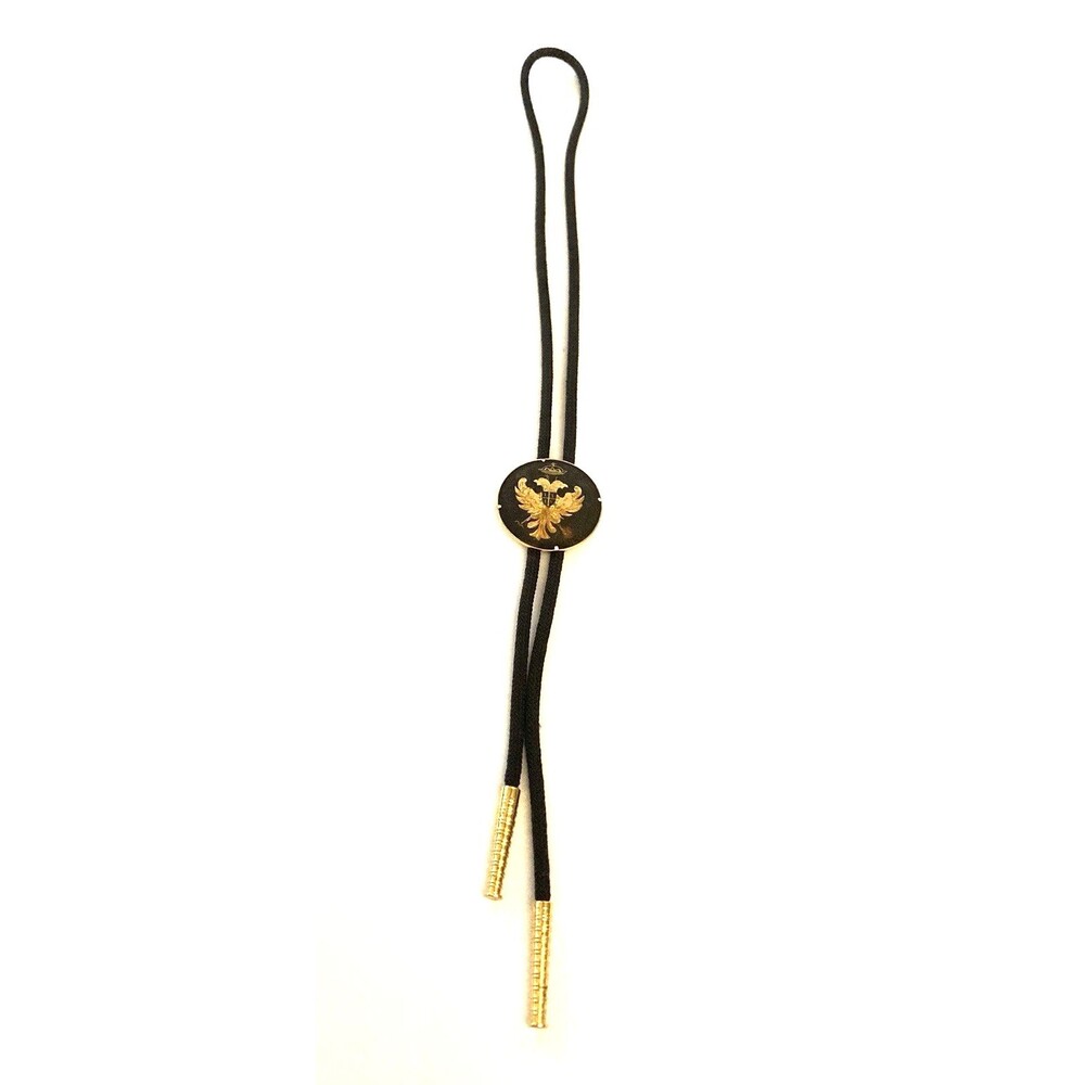 Double Headed Eagle Bolo Tie Black Gold Tone Cowboy Rodeo